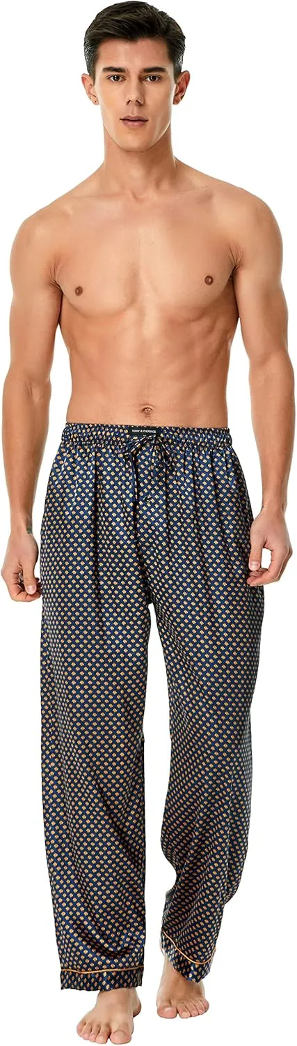 Men's Satin Silk Pajama Pants Long PJ Bottoms, Lounge Sleep Pants with Pockets Pack