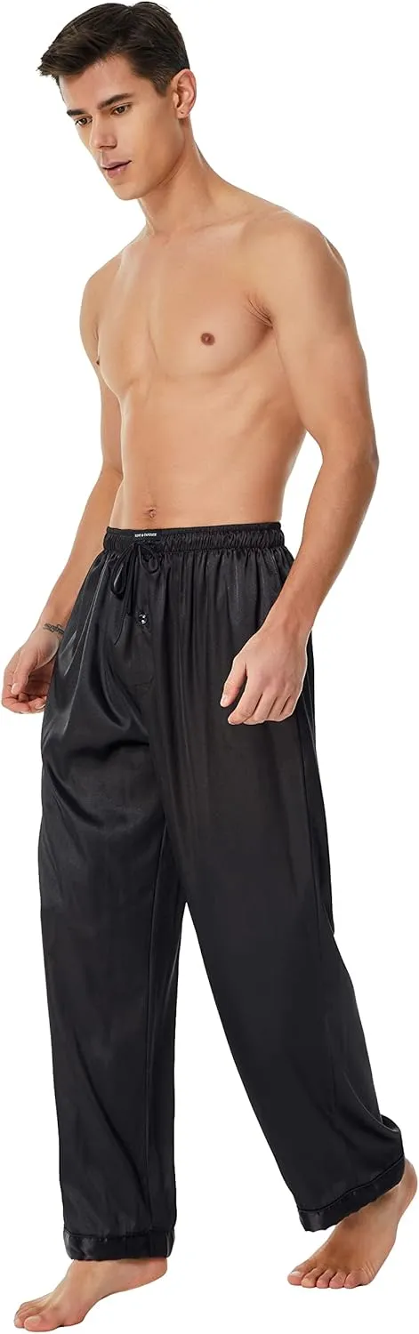 Men's Satin Silk Pajama Pants Long PJ Bottoms, Lounge Sleep Pants with Pockets Pack