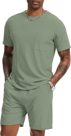 Mens Short Sets 2 Piece Outfits Fashion Summer Tracksuits Casual Set Short Sleeve and Shorts Set for Men