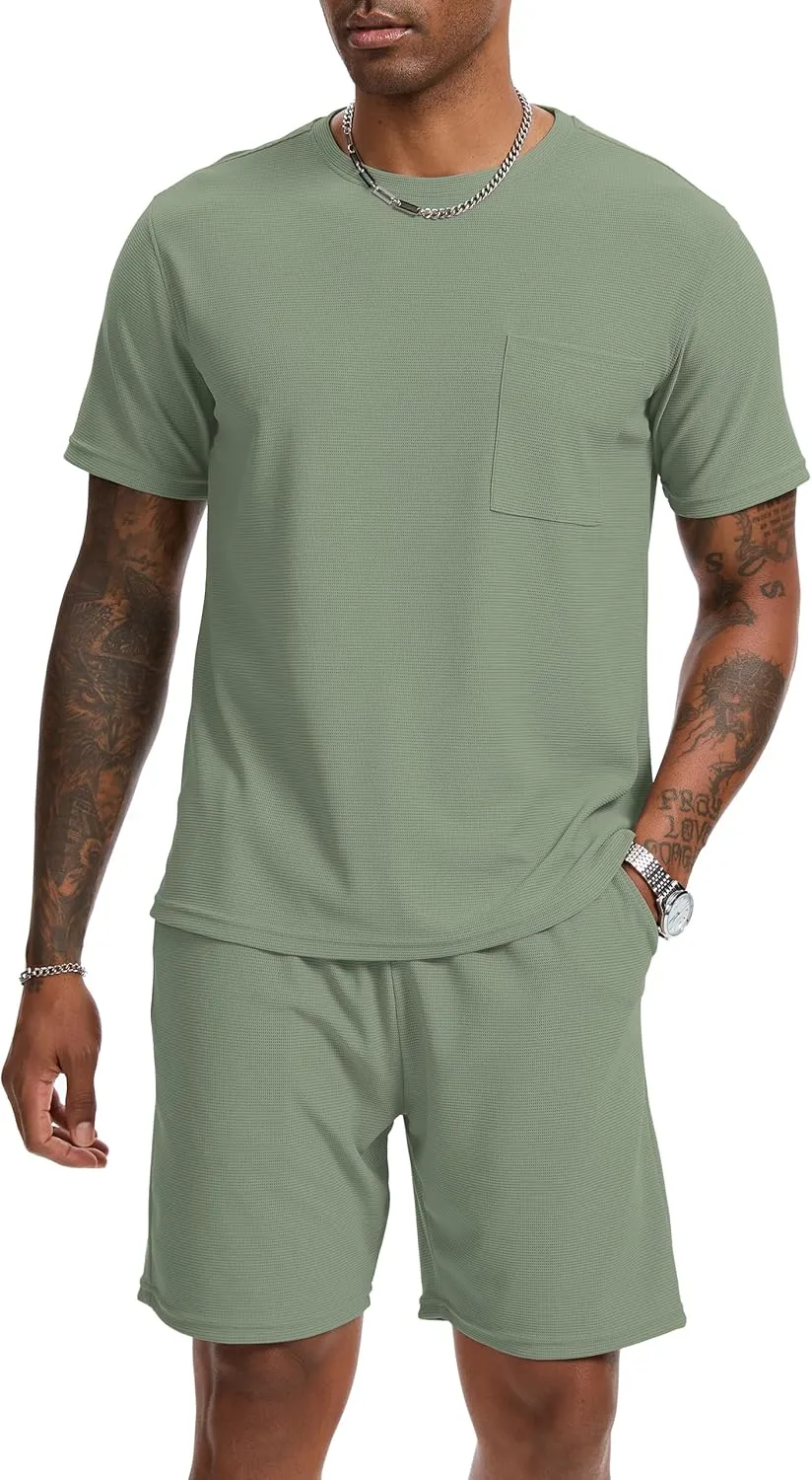 Mens Short Sets 2 Piece Outfits Fashion Summer Tracksuits Casual Set Short Sleeve and Shorts Set for Men