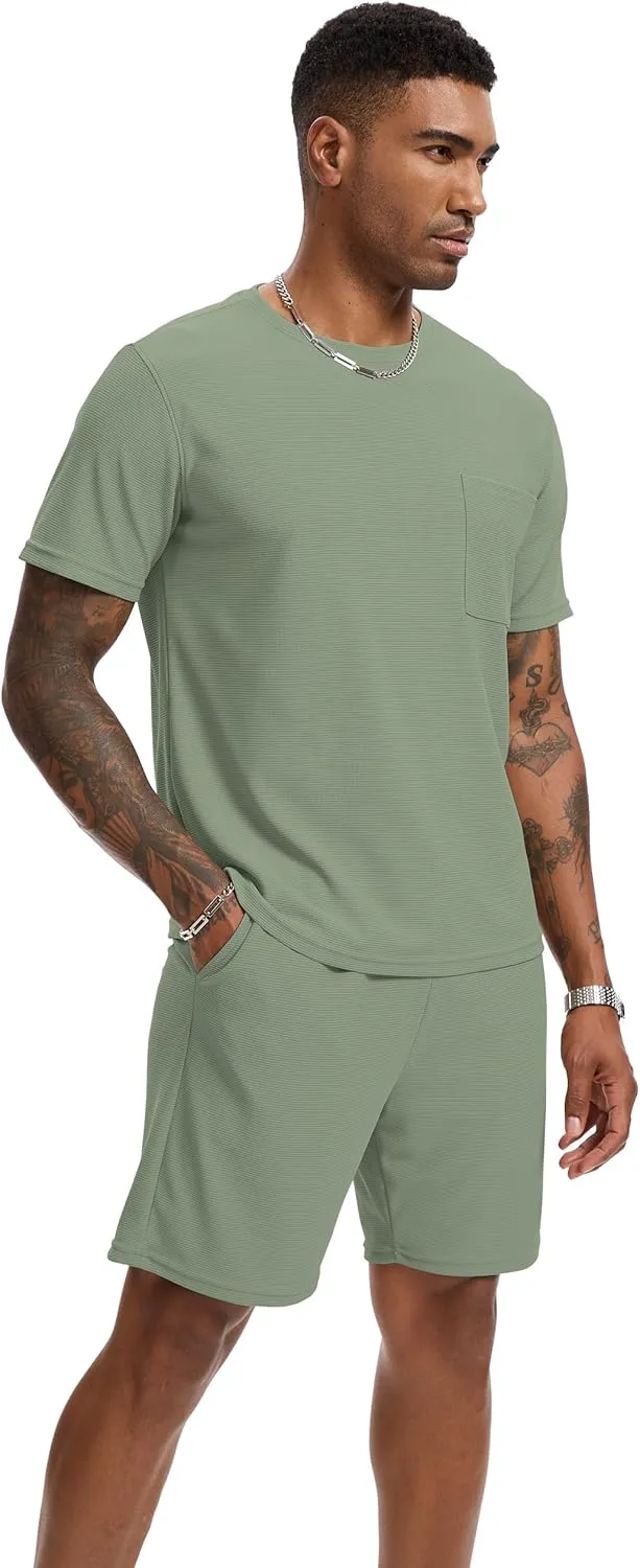 Mens Short Sets 2 Piece Outfits Fashion Summer Tracksuits Casual Set Short Sleeve and Shorts Set for Men