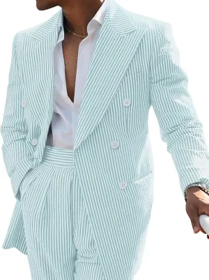 Men's Striped Seersucker Suits 2 Piece Slim Fit Wedding Tuxedo Summer Beach Leisure Suits Sets