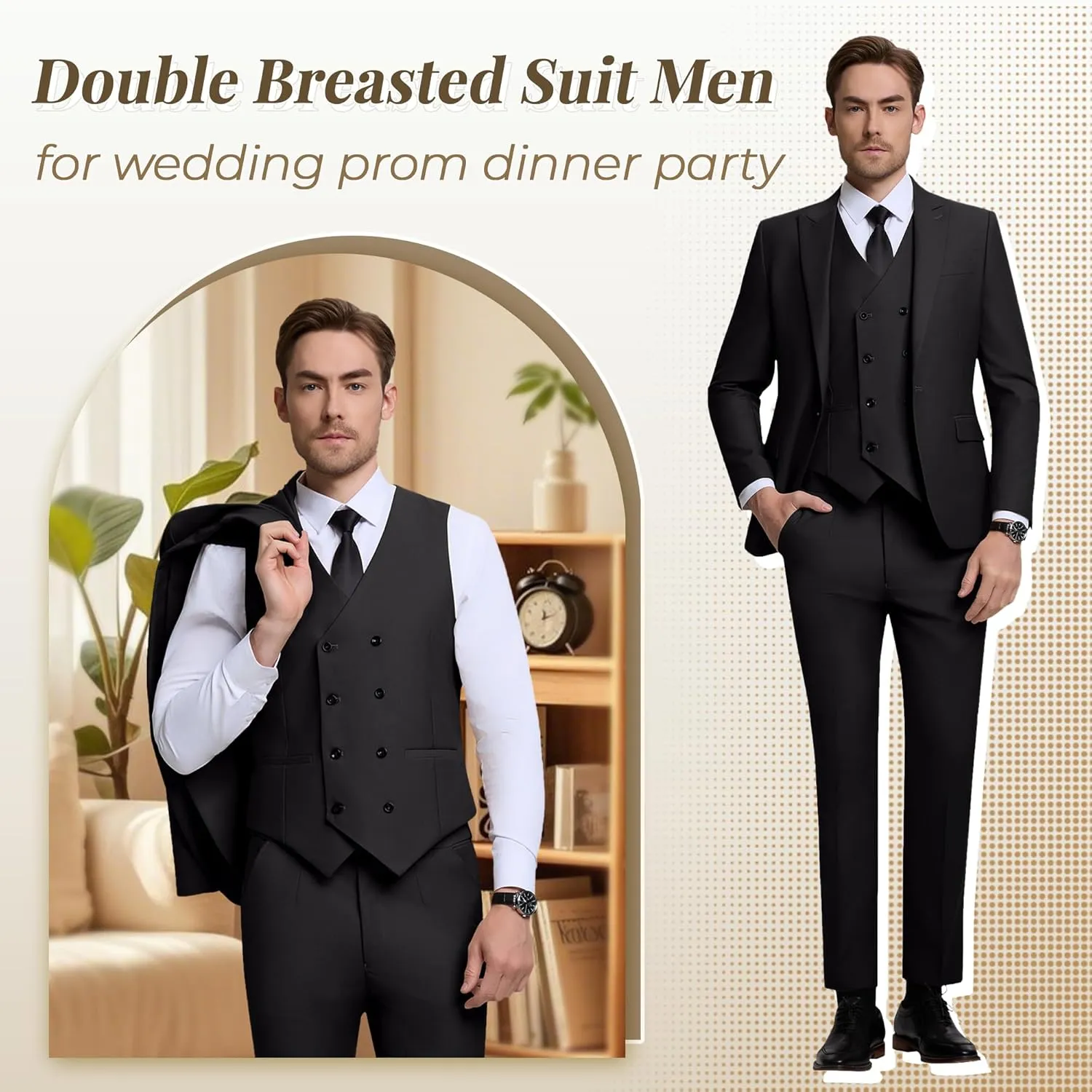 Mens Suit Slim Fit Solid Suit Jacket Double Breasted Vest and Dress Pants 3 Piece Set Prom Wedding Suits for Men