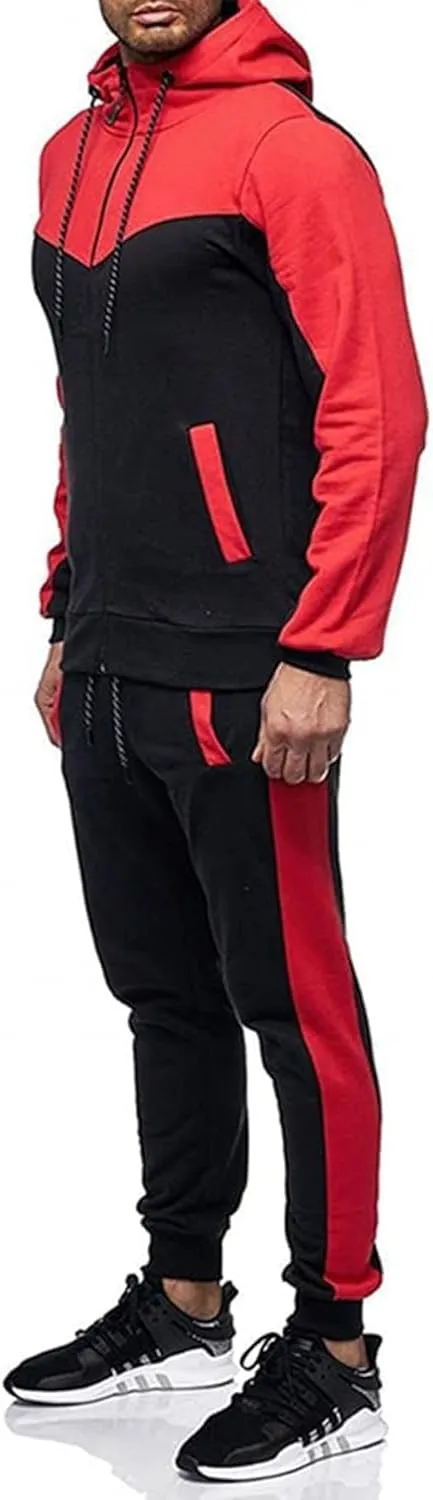 Men's Sweatsuit 2 Pieces Set Casual Jogging Athletic Hooded Tracksuit Full Zip Color Blocks Long Sleeve Outfit
