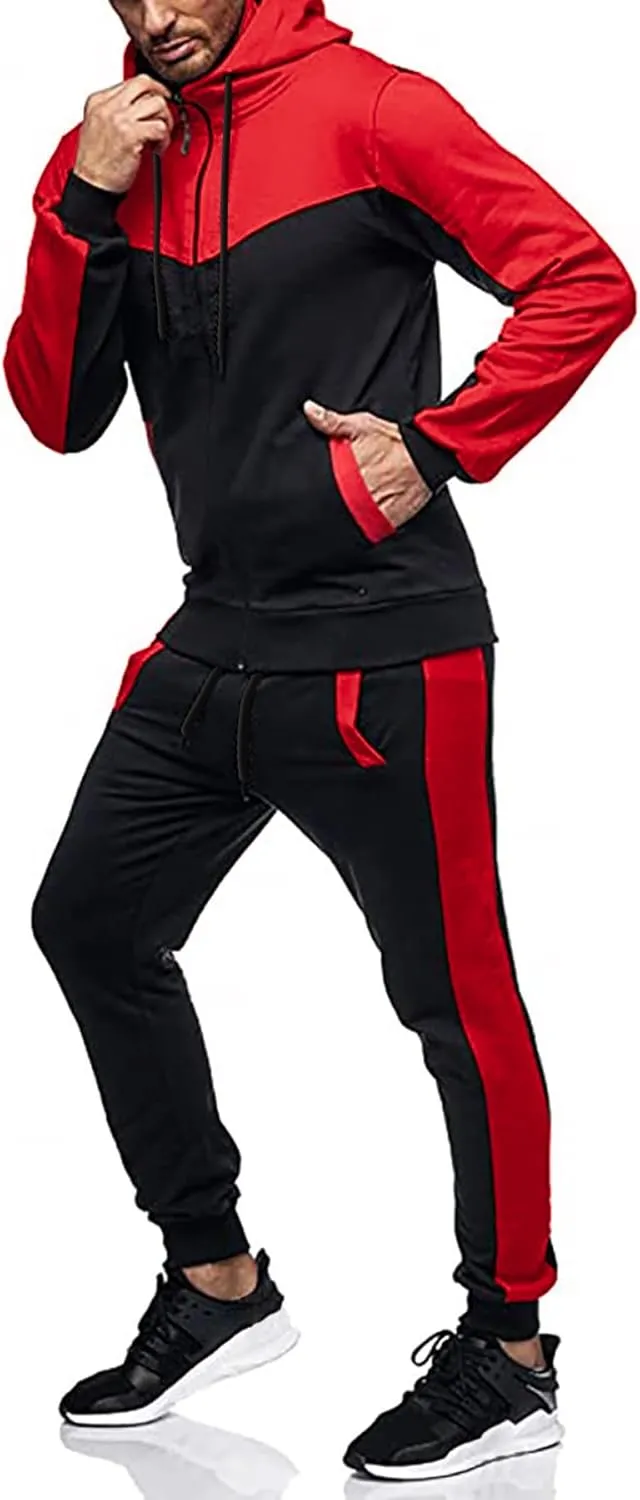 Men's Sweatsuit 2 Pieces Set Casual Jogging Athletic Hooded Tracksuit Full Zip Color Blocks Long Sleeve Outfit