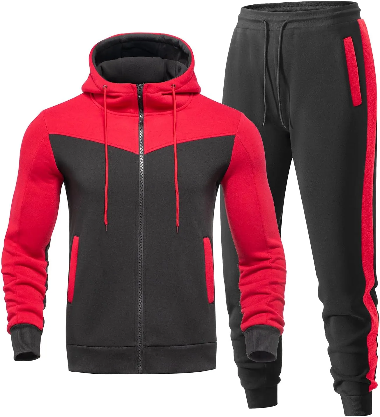 Men's Sweatsuit 2 Pieces Set Casual Jogging Athletic Hooded Tracksuit Full Zip Color Blocks Long Sleeve Outfit