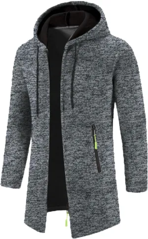 Mens Trench Coat Hoodie Mens Fall Winter Long Open Front Cardigan Sweater Jacket Full Zip Classic Business Overcoat
