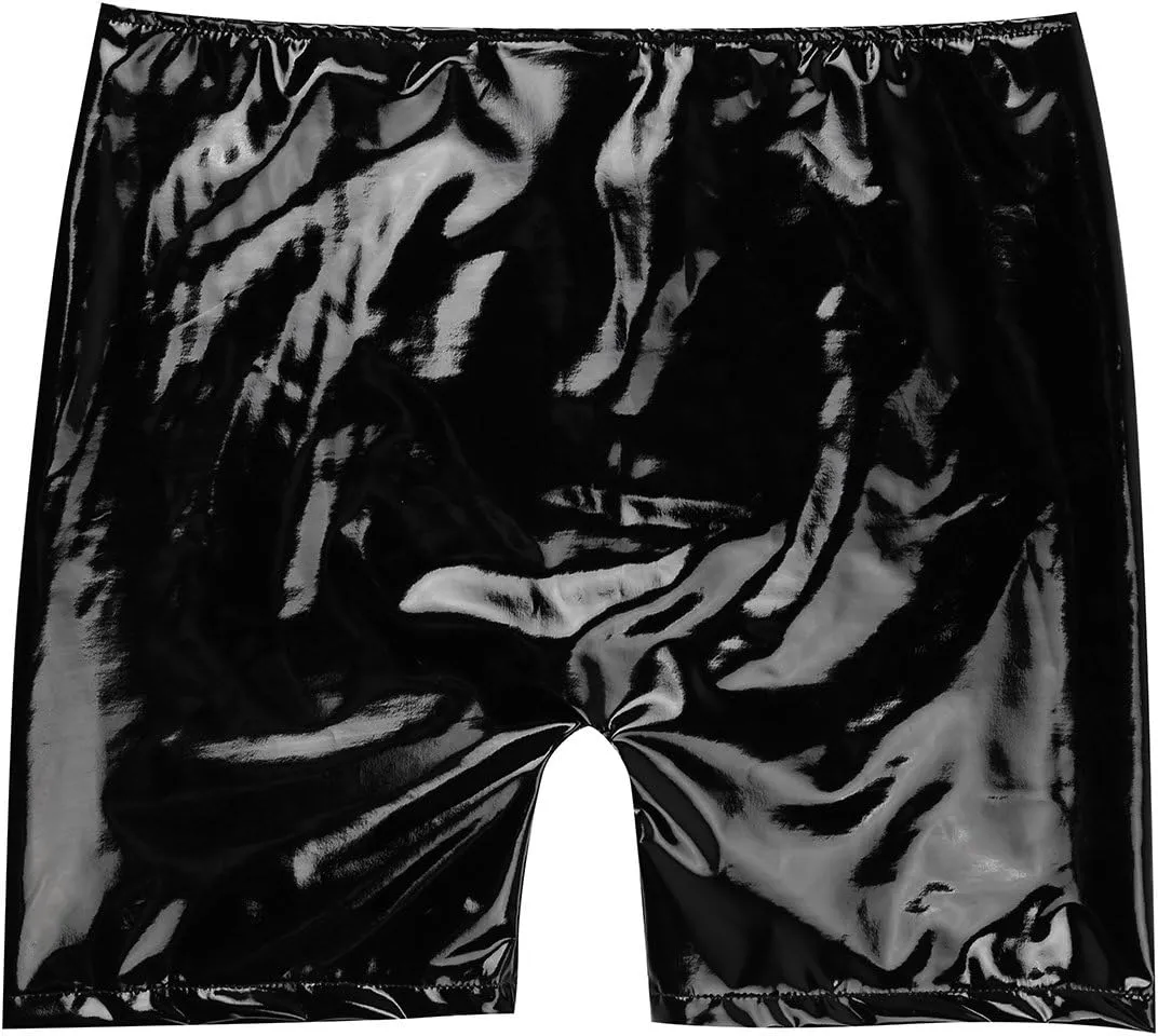Mens Wet Look PVC Leather Open Front Boxer Briefs Trunks Shorts Panties Latex Pants Underwear