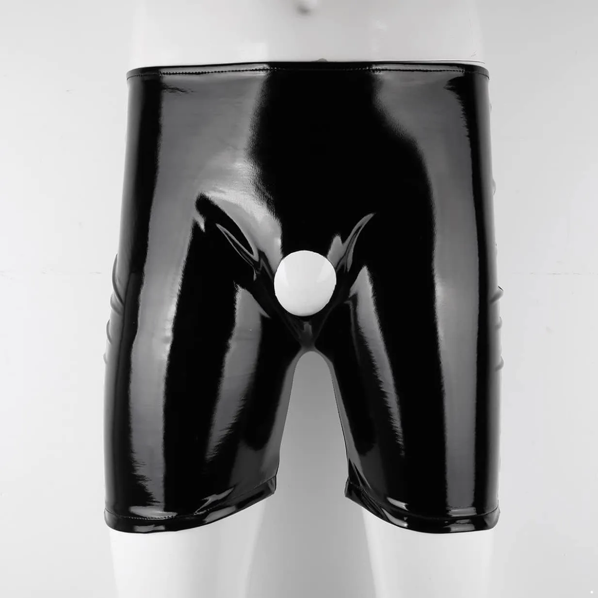 Mens Wet Look PVC Leather Open Hole Front Boxer Briefs Trunks Shorts Hot Pants Swimwear