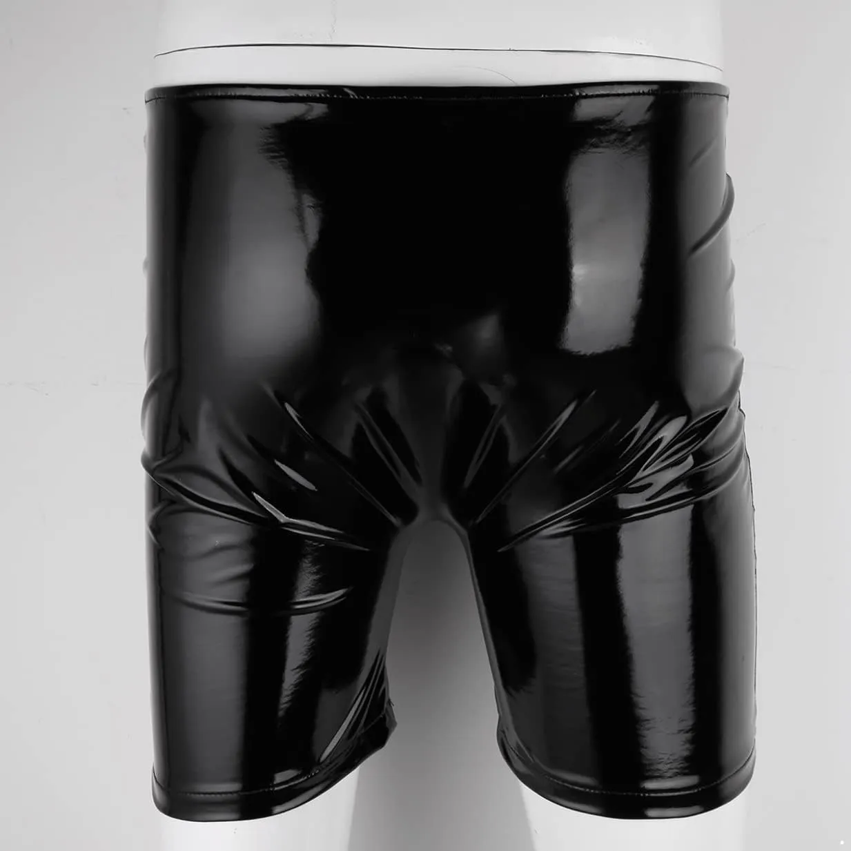 Mens Wet Look PVC Leather Open Hole Front Boxer Briefs Trunks Shorts Hot Pants Swimwear