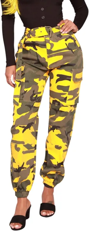 MESLIMA Women's Camo Pants High Waist Slim Fit Cargo Trousers with Pocket Camouflage Long Sweatpant with Belt