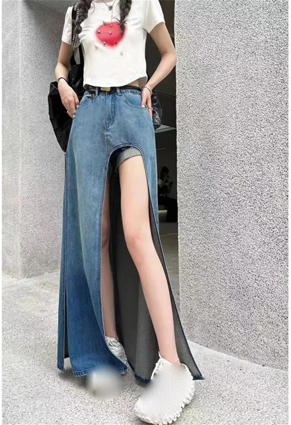 Mokkpeq Women's Sexy High Slit Washed Jeans Skirts with Shorts 5-Pocket High Waisted Long Denim Skirts