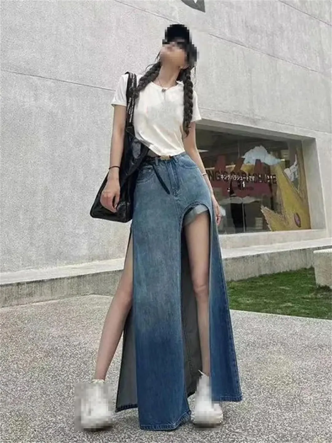 Mokkpeq Women's Sexy High Slit Washed Jeans Skirts with Shorts 5-Pocket High Waisted Long Denim Skirts