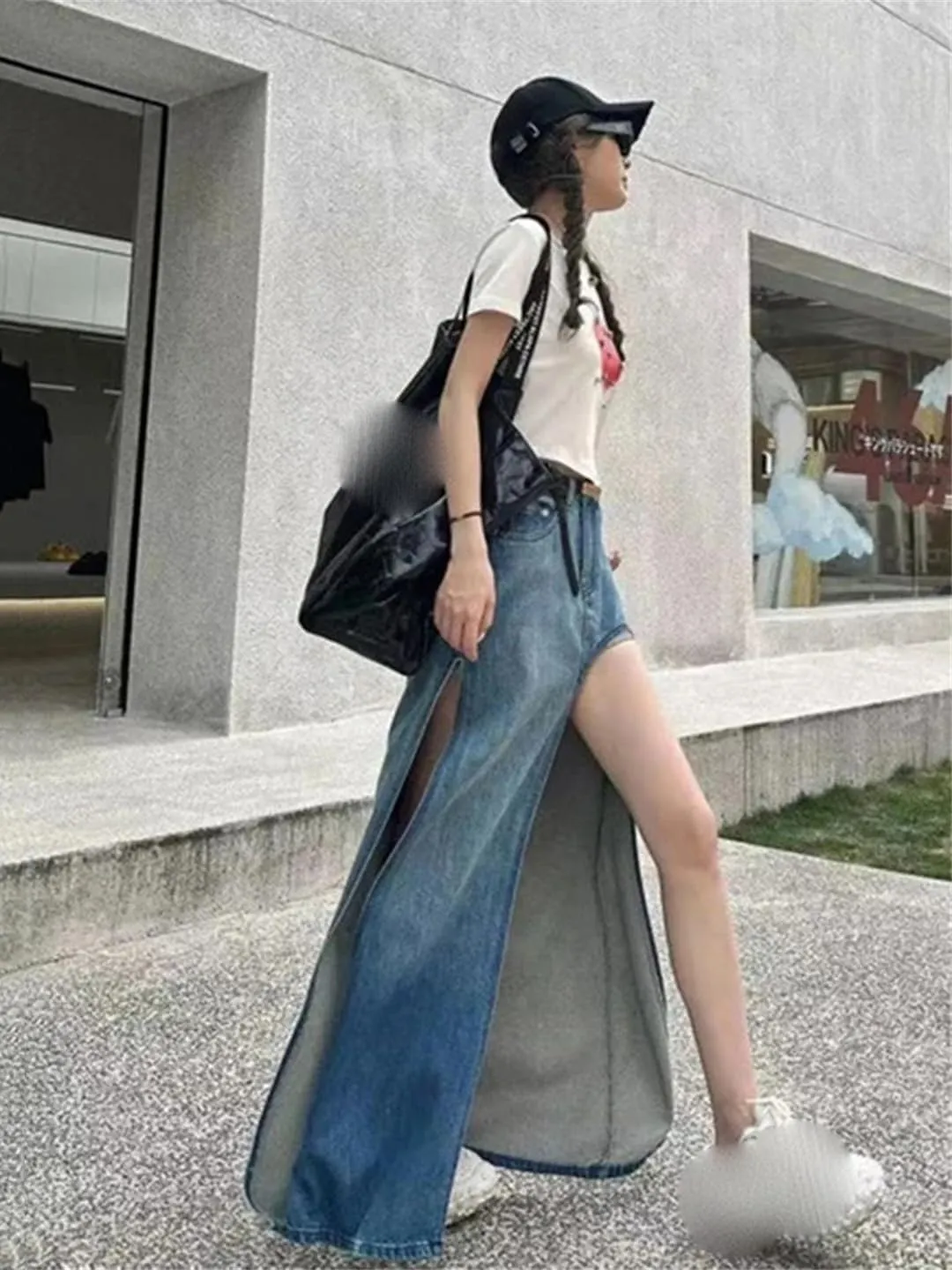 Mokkpeq Women's Sexy High Slit Washed Jeans Skirts with Shorts 5-Pocket High Waisted Long Denim Skirts