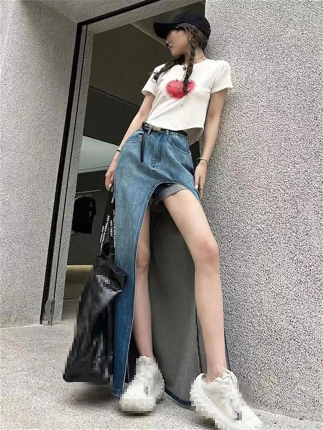 Mokkpeq Women's Sexy High Slit Washed Jeans Skirts with Shorts 5-Pocket High Waisted Long Denim Skirts