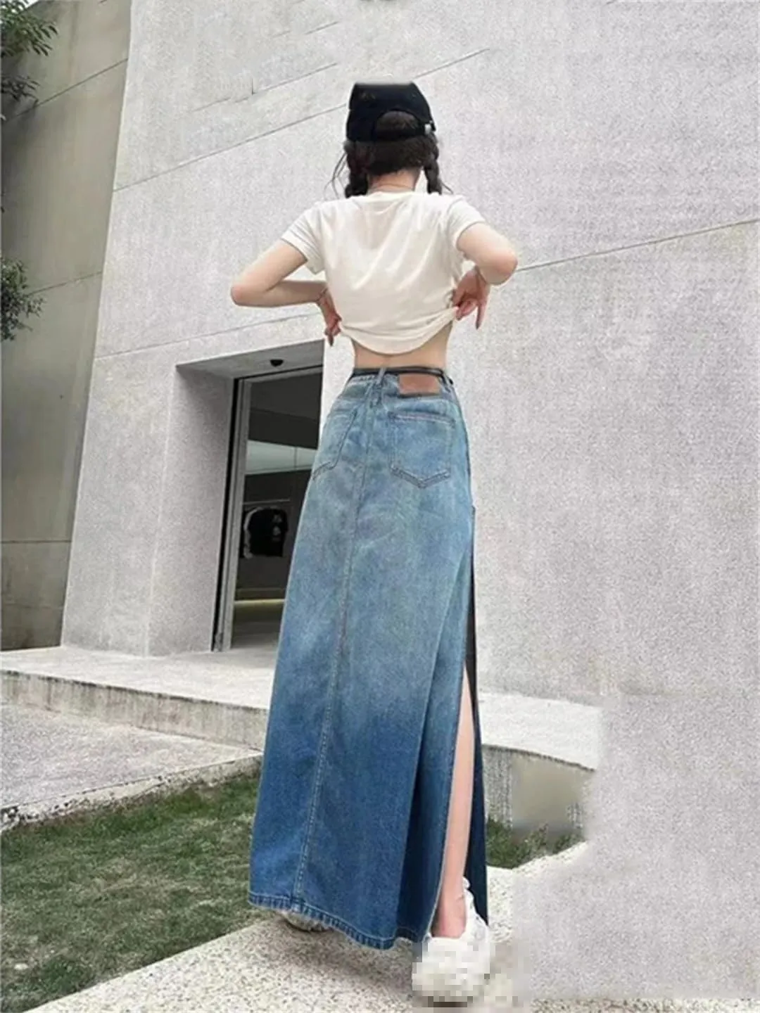 Mokkpeq Women's Sexy High Slit Washed Jeans Skirts with Shorts 5-Pocket High Waisted Long Denim Skirts