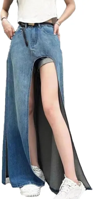 Mokkpeq Women's Sexy High Slit Washed Jeans Skirts with Shorts 5-Pocket High Waisted Long Denim Skirts