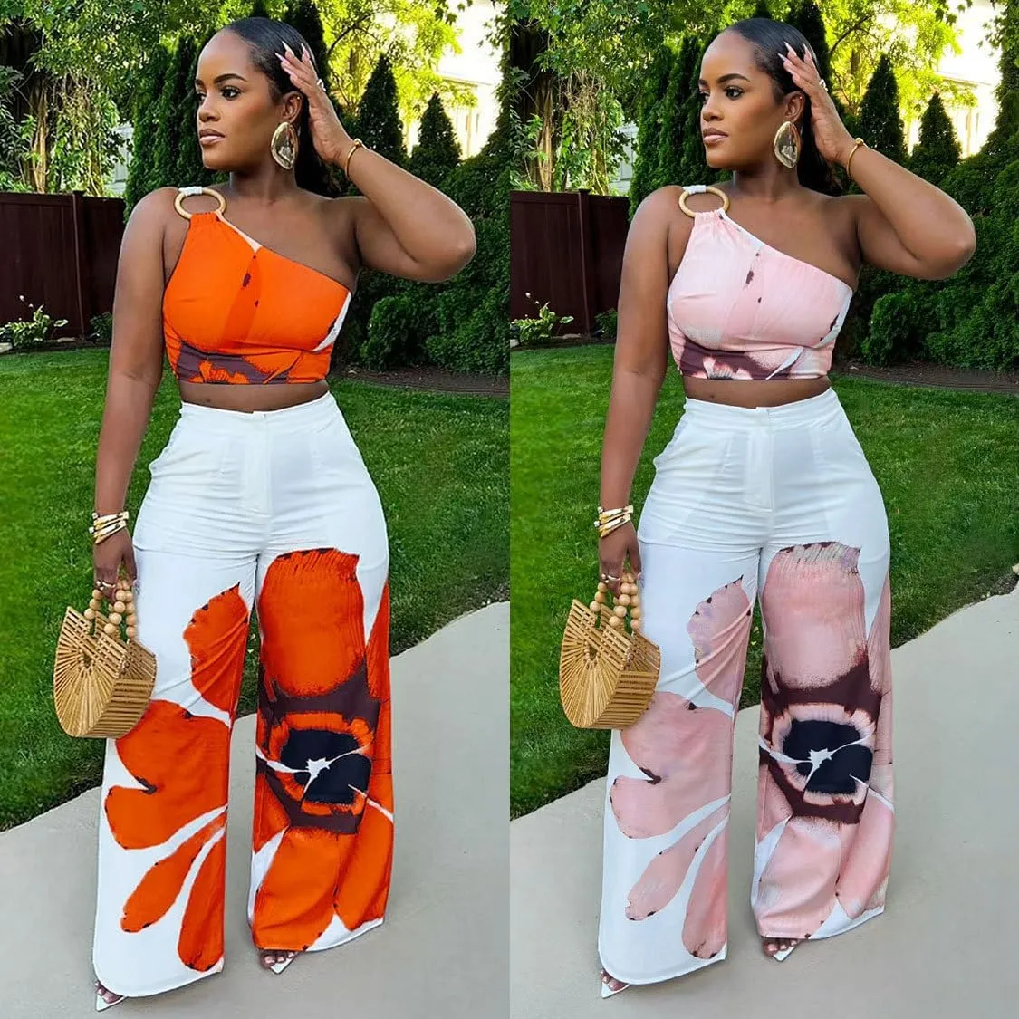 Molilove Summer Women 2 Piece Sweatsuit Hawaiian Floral Print Set Sleeveless Backless Tank Top Wide Leg Pants Set With Pocket
