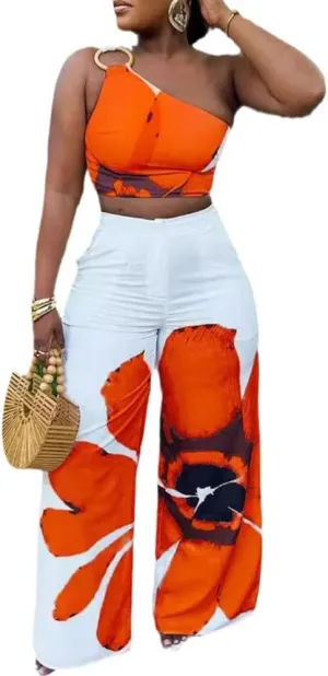 Molilove Summer Women 2 Piece Sweatsuit Hawaiian Floral Print Set Sleeveless Backless Tank Top Wide Leg Pants Set With Pocket
