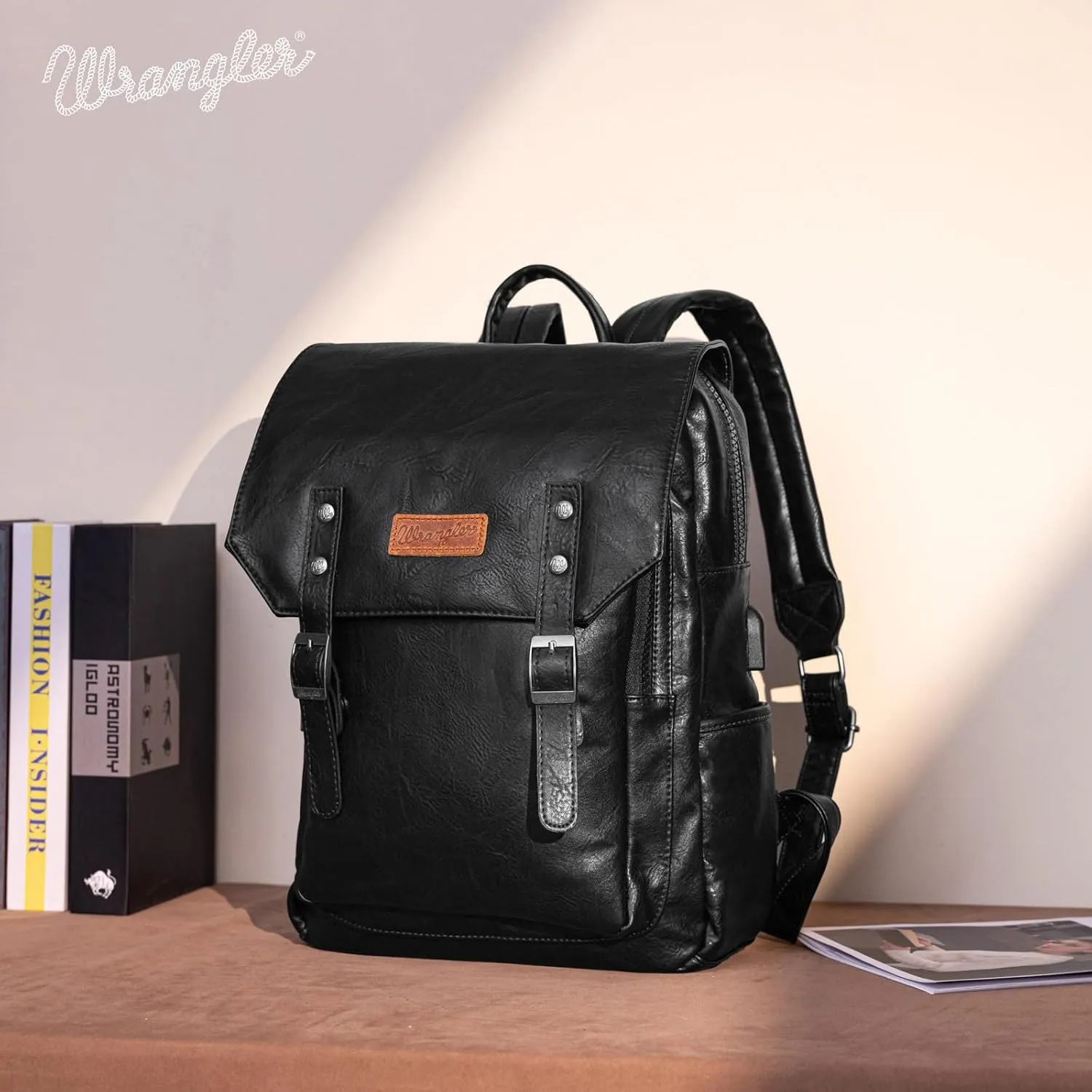Montana West  Wrangler Black Leather Backpack for Women Laptop Backpack for Men Unisex Fashion Backpack Purse