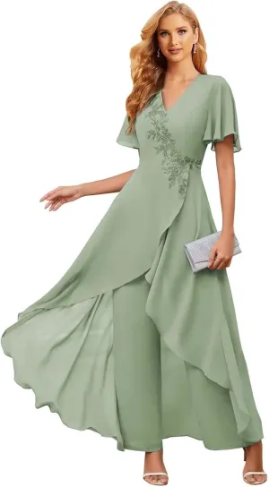 Mother of The Bride Pant Suits for Wedding 2Pcs Chiffon Lace Appliques Short Sleeve Pant Suits for Women Dressy