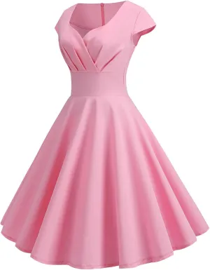 NaRHbrg Women's 1950s Vintage Dress Wrap V Neck Cap Sleeve Dress Retro Cocktail Party Swing Dresses A-Line Flared Midi Dress