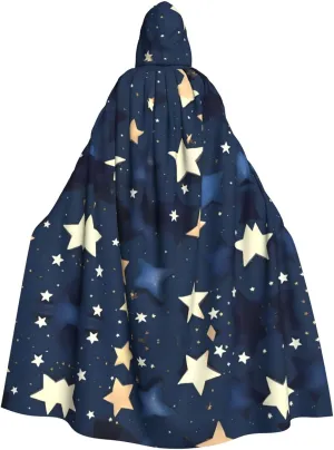 Navy Blue Sky and Stars print Hooded Robe Cloak For Adult Men Women,Wizard Witch Cape Cosplay Halloween Costume