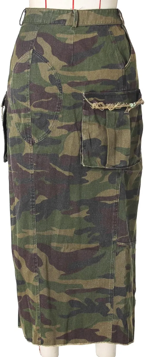 Nihsatin Camo Skirts for Women High Waisted Button Up Long Pencil Split Skirts with Pockets