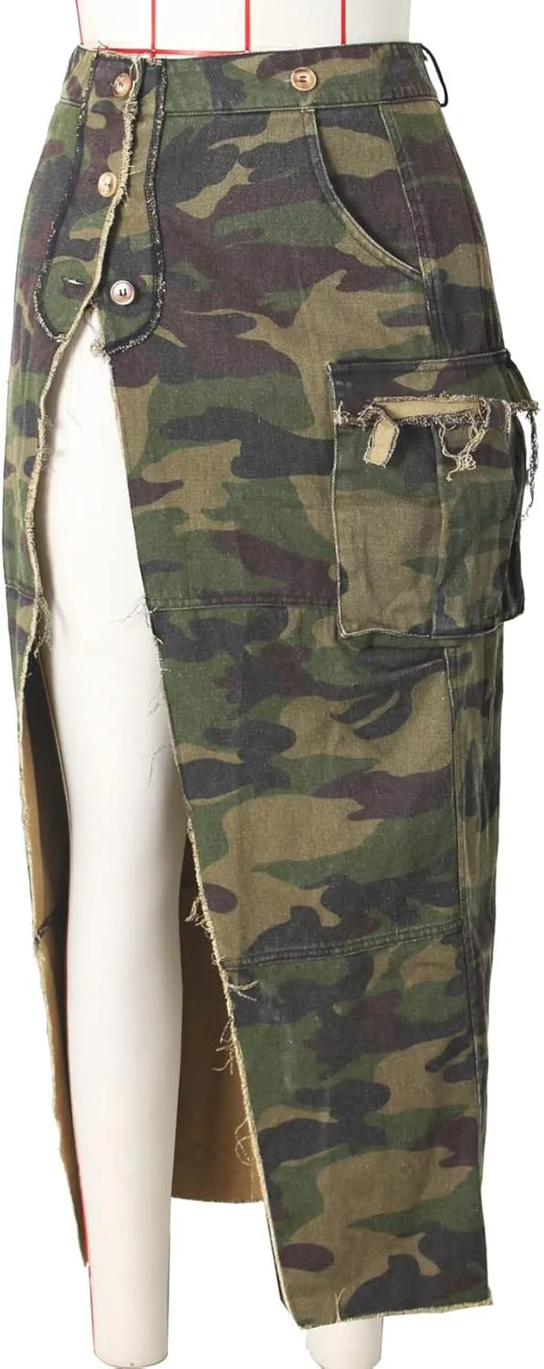 Nihsatin Camo Skirts for Women High Waisted Button Up Long Pencil Split Skirts with Pockets