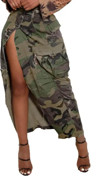 Nihsatin Camo Skirts for Women High Waisted Button Up Long Pencil Split Skirts with Pockets