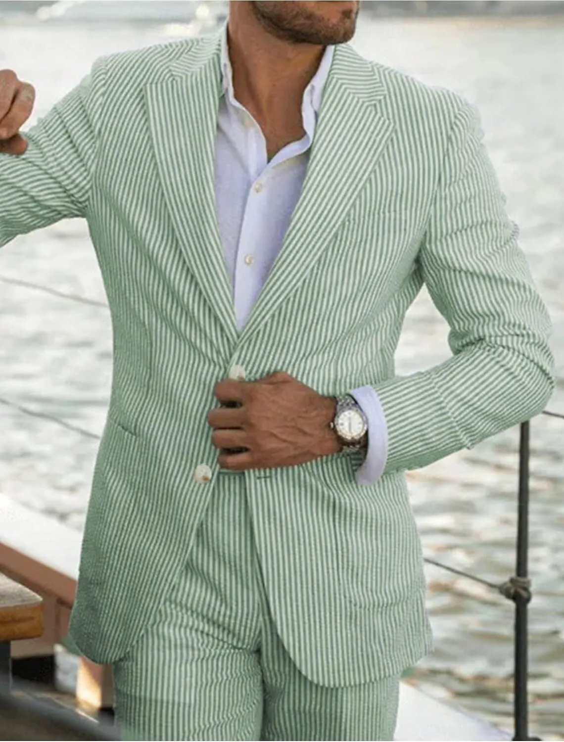 ORBITRAY Men's Seersucker Blazer Suit Jacket Coat Striped Blazer Single Breasted Two-Buttons Lightweight