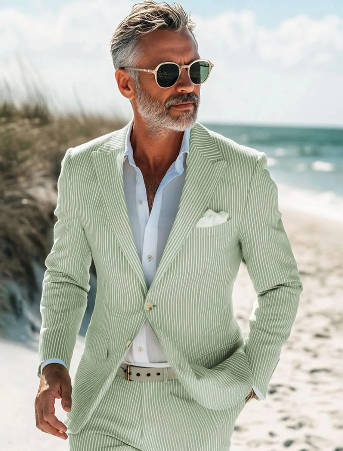 ORBITRAY Men's Seersucker Blazer Suit Jacket Coat Striped Blazer Single Breasted Two-Buttons Lightweight