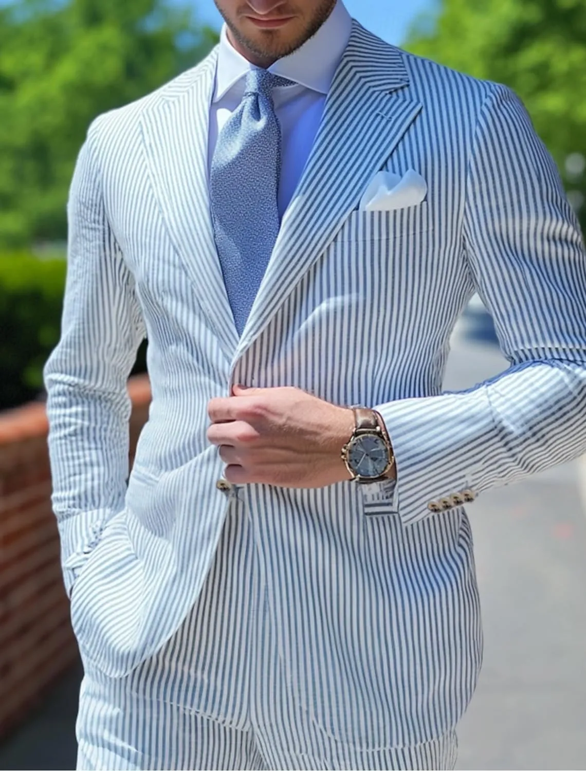 ORBITRAY Men's Seersucker Blazer Suit Jacket Coat Striped Blazer Single Breasted Two-Buttons Lightweight