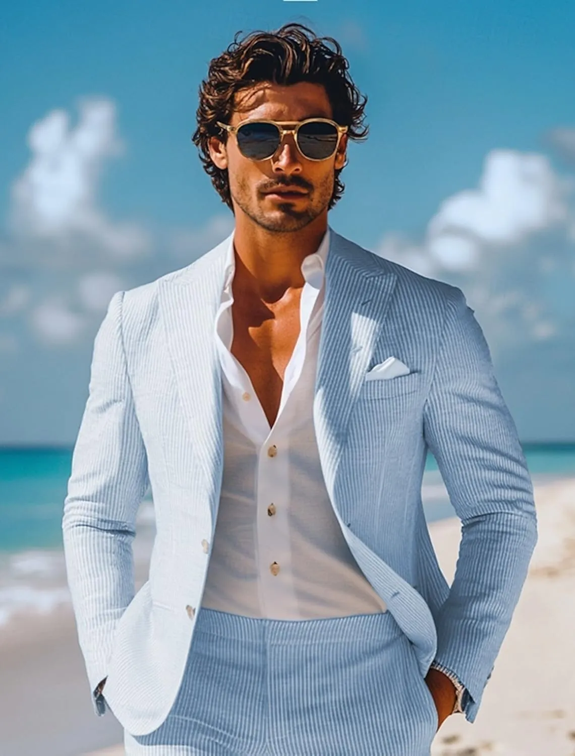 ORBITRAY Men's Seersucker Blazer Suit Jacket Coat Striped Blazer Single Breasted Two-Buttons Lightweight