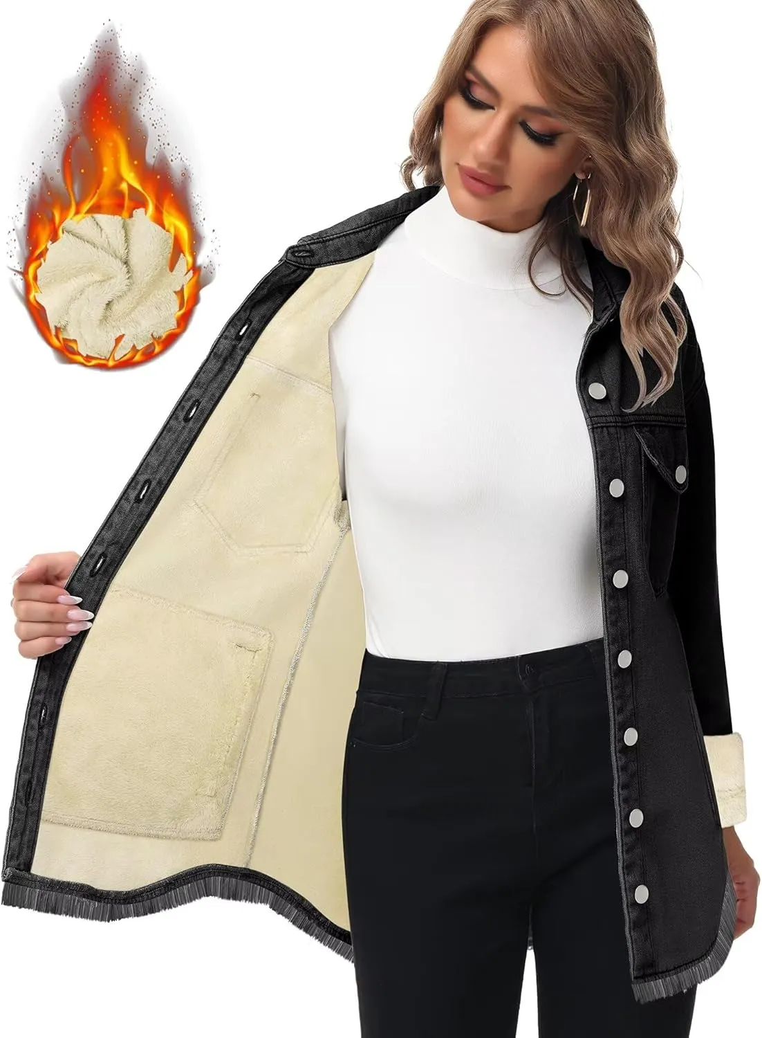Oversized Denim Jacket Women 2024 Side Pockets Winter Long Sleeves Fleece Lined Denim Shirt Womens Jean Jacket