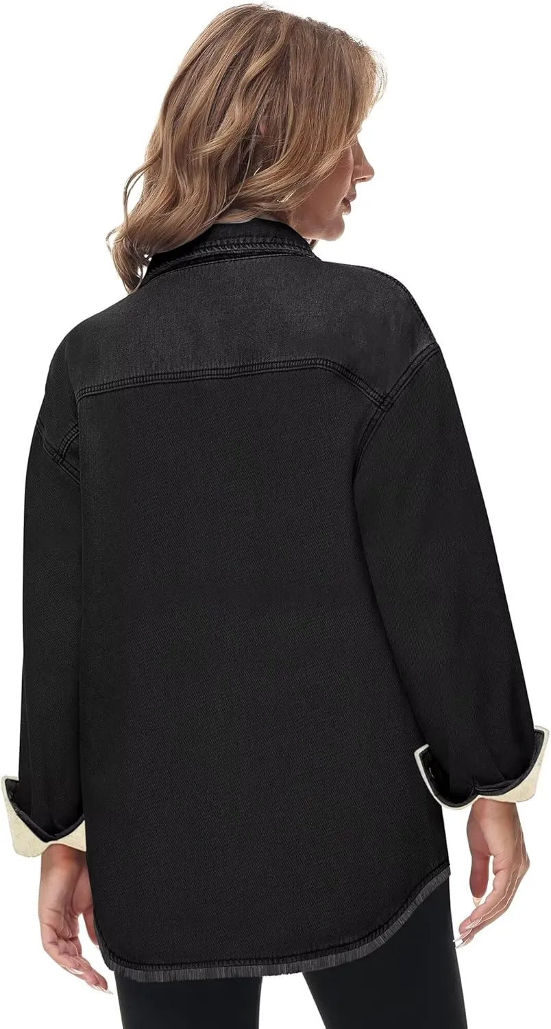 Oversized Denim Jacket Women 2024 Side Pockets Winter Long Sleeves Fleece Lined Denim Shirt Womens Jean Jacket