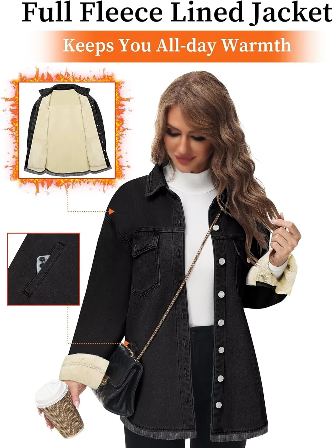 Oversized Denim Jacket Women 2024 Side Pockets Winter Long Sleeves Fleece Lined Denim Shirt Womens Jean Jacket