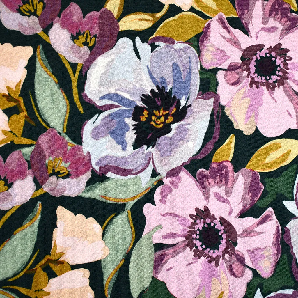 Painterly Poppy Floral Jersey French Terry Evergreen/Orchid