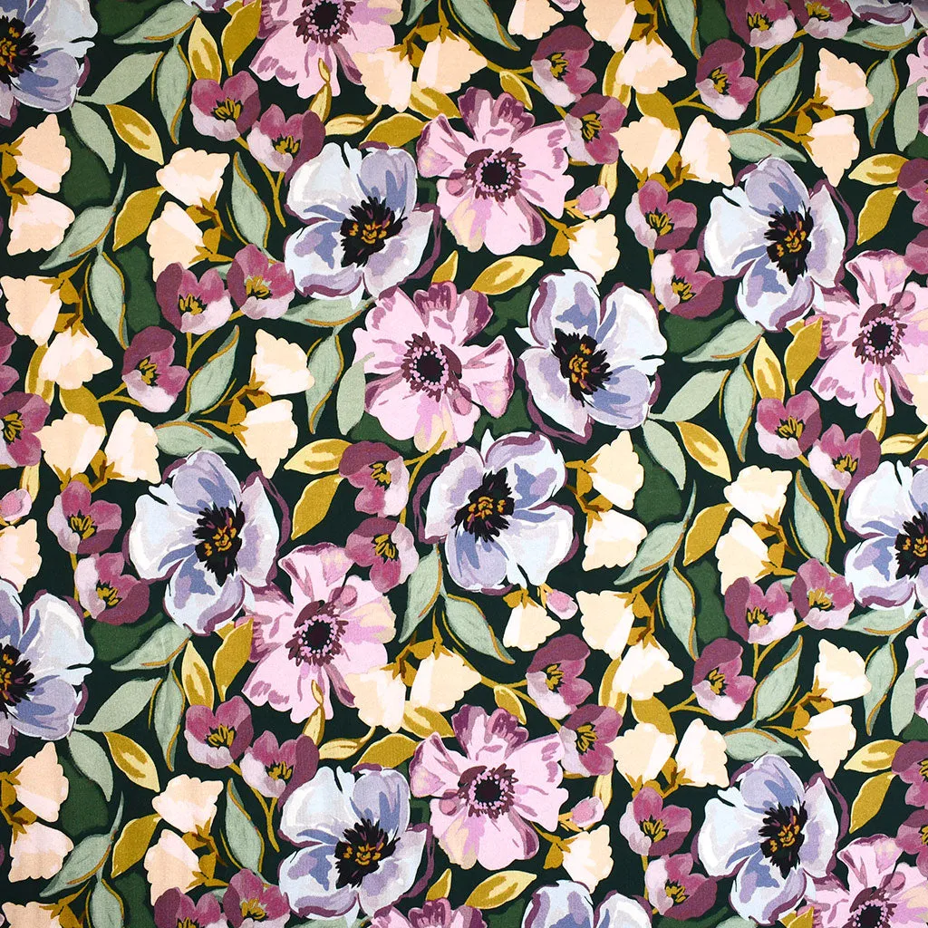 Painterly Poppy Floral Jersey French Terry Evergreen/Orchid