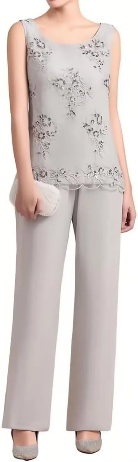 Pants Suits Lace Appliques Mother of The Bride 3 Pieces Wedding Guest Dresses with Jacket