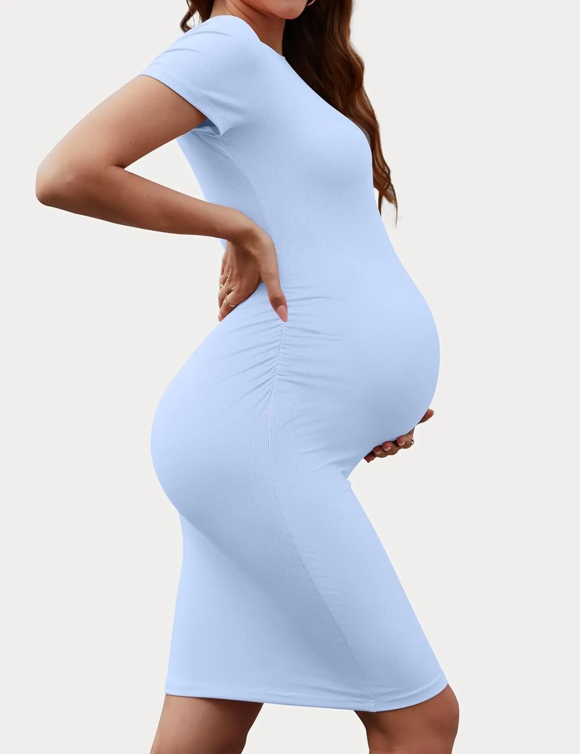 Peauty Maternity Ribbed Crew Neck Bodycon Dress Short Sleeve Baby Shower Dress Casual Lounge Pregnancy Dress