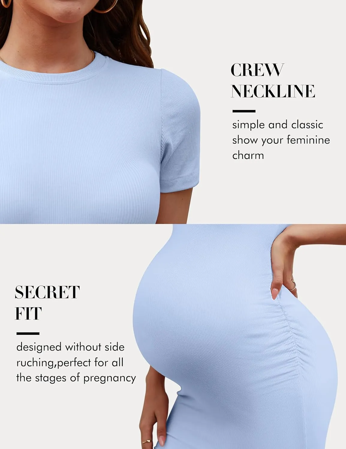 Peauty Maternity Ribbed Crew Neck Bodycon Dress Short Sleeve Baby Shower Dress Casual Lounge Pregnancy Dress