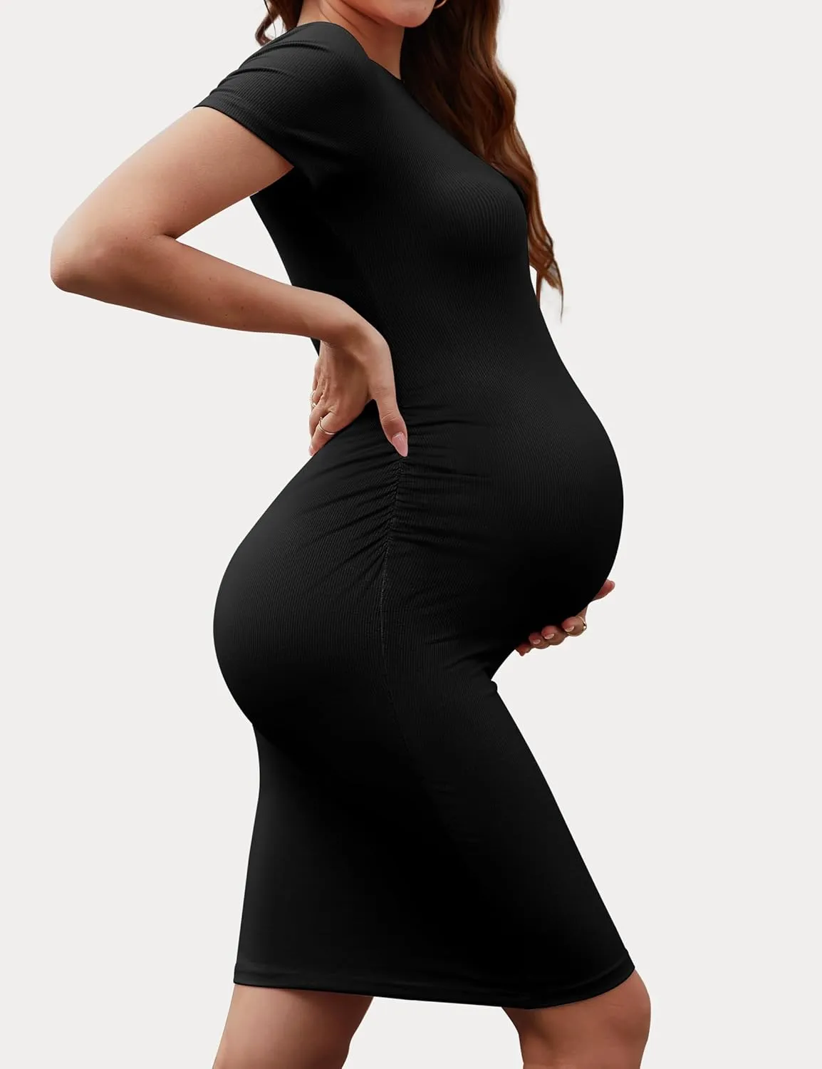 Peauty Maternity Ribbed Crew Neck Bodycon Dress Short Sleeve Baby Shower Dress Casual Lounge Pregnancy Dress
