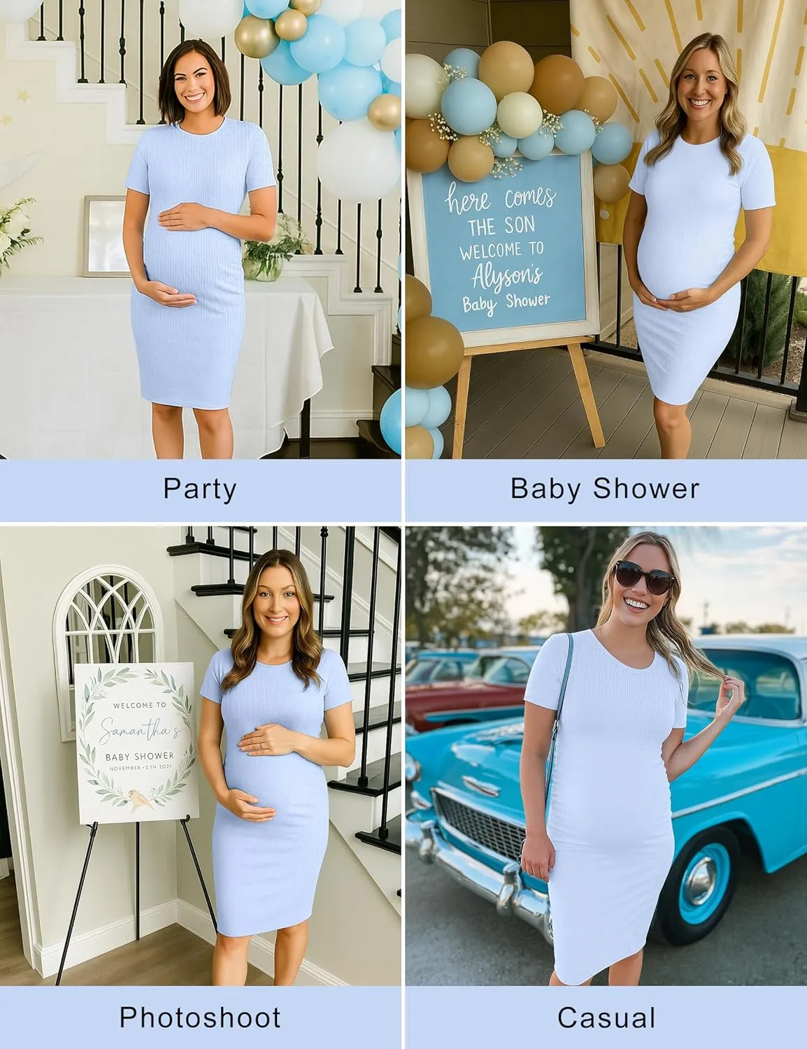 Peauty Maternity Ribbed Crew Neck Bodycon Dress Short Sleeve Baby Shower Dress Casual Lounge Pregnancy Dress