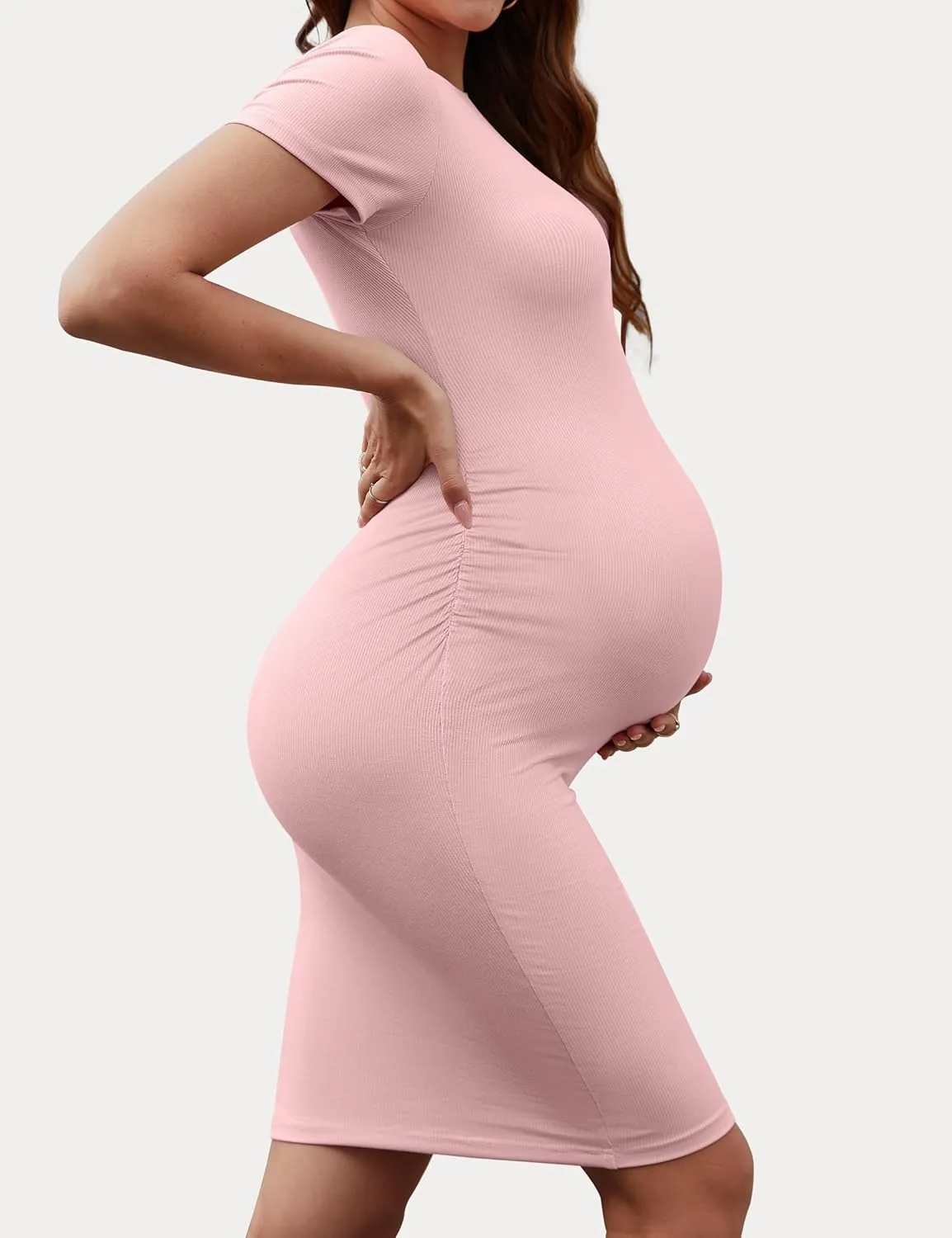 Peauty Maternity Ribbed Crew Neck Bodycon Dress Short Sleeve Baby Shower Dress Casual Lounge Pregnancy Dress