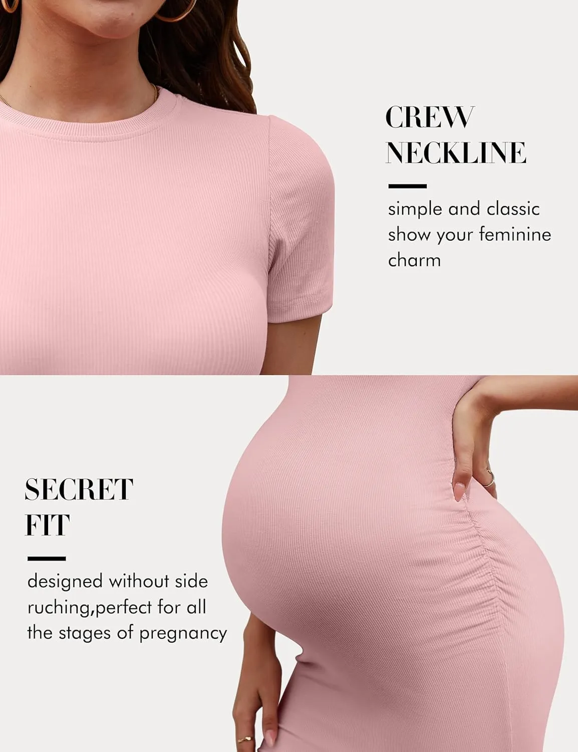 Peauty Maternity Ribbed Crew Neck Bodycon Dress Short Sleeve Baby Shower Dress Casual Lounge Pregnancy Dress