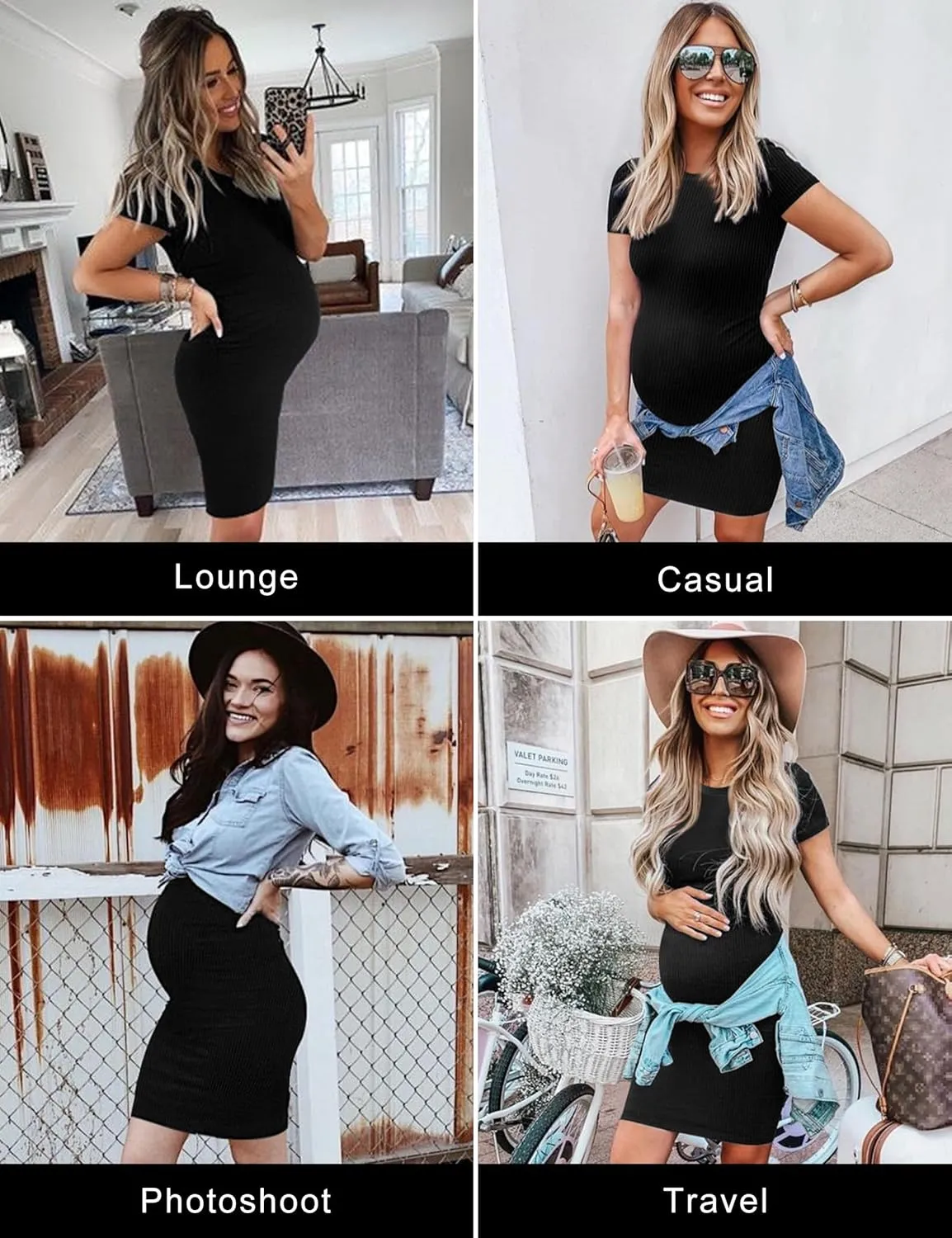 Peauty Maternity Ribbed Crew Neck Bodycon Dress Short Sleeve Baby Shower Dress Casual Lounge Pregnancy Dress