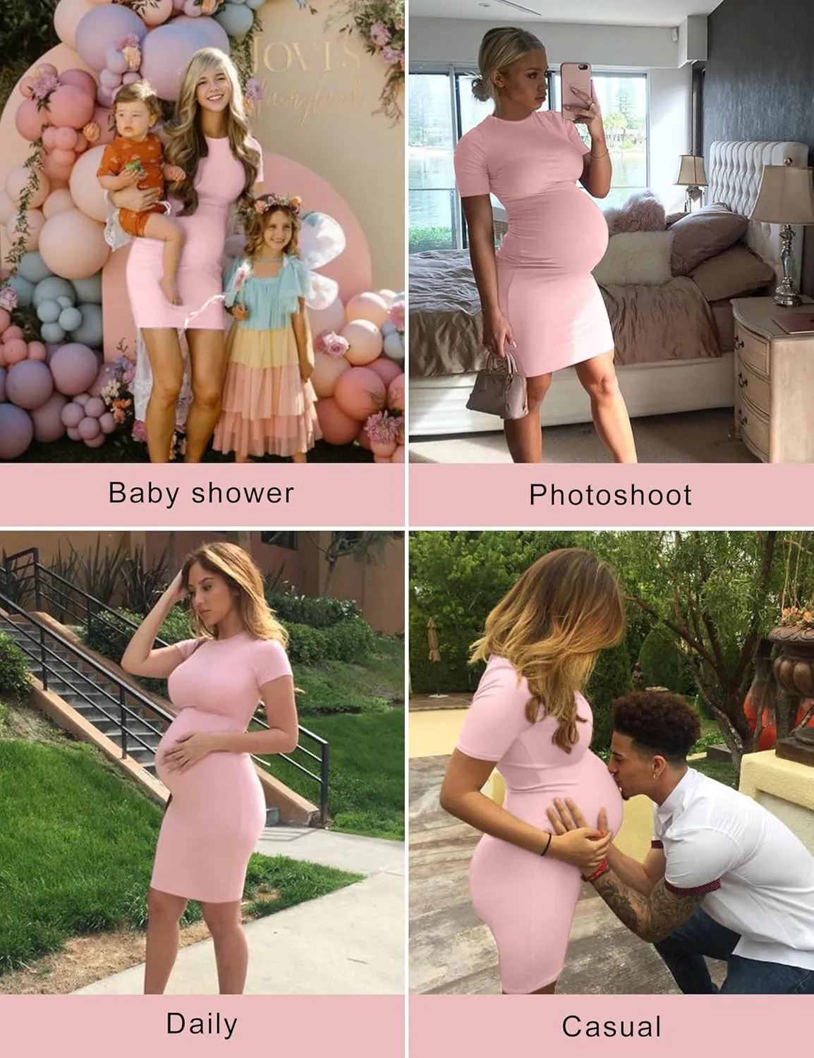 Peauty Maternity Ribbed Crew Neck Bodycon Dress Short Sleeve Baby Shower Dress Casual Lounge Pregnancy Dress