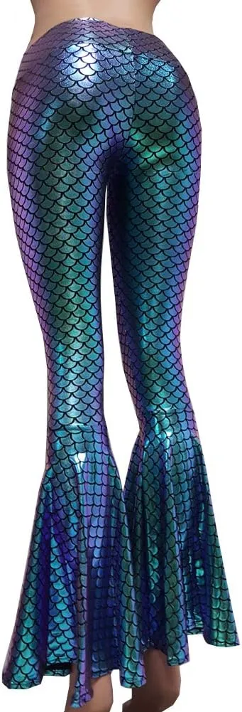 pinda Iridescent Mermaid High Waisted Wide Leg Yoga Bell Bottom Pants Leggings