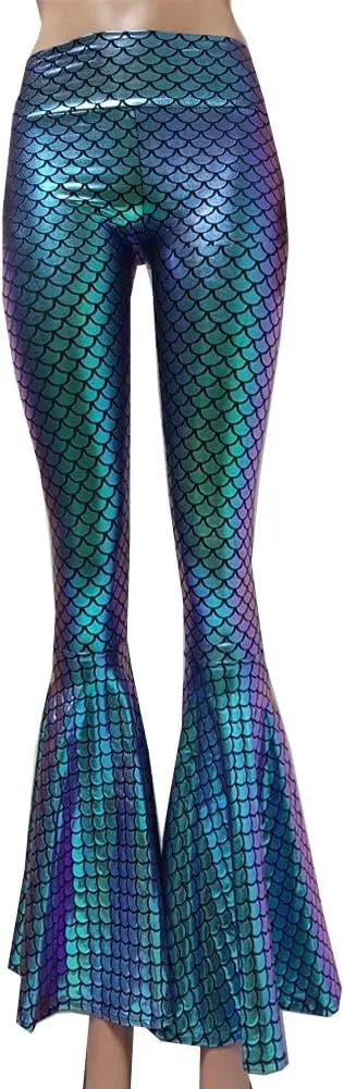 pinda Iridescent Mermaid High Waisted Wide Leg Yoga Bell Bottom Pants Leggings